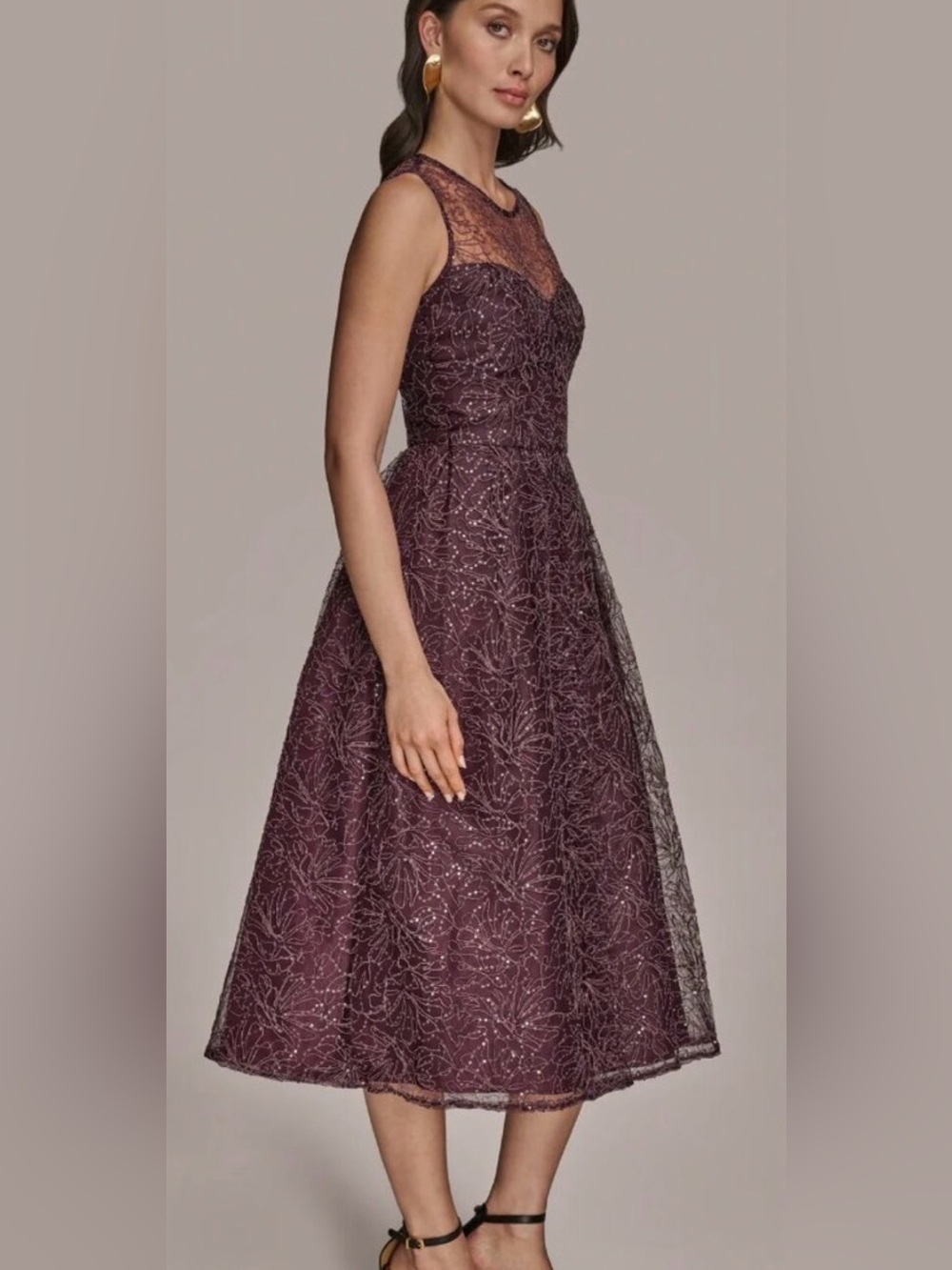 Donna Karan New York Plum Lace Sequin A-Line Formal Midi Dress Lined Size 10 - Picture 3 of 5